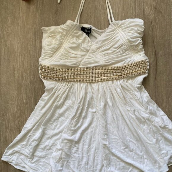 Sky Top White Draped Front Rhinestone Bling Halter Top - Picture 3 of 14